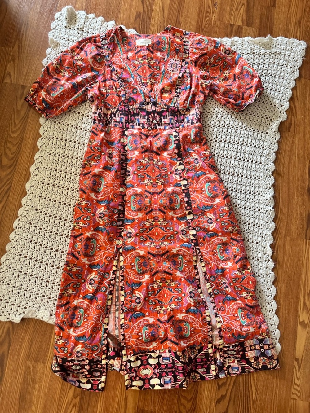 Anthropologie SZ 14 Coral Orange Maxi Dress with Puff Sleeves